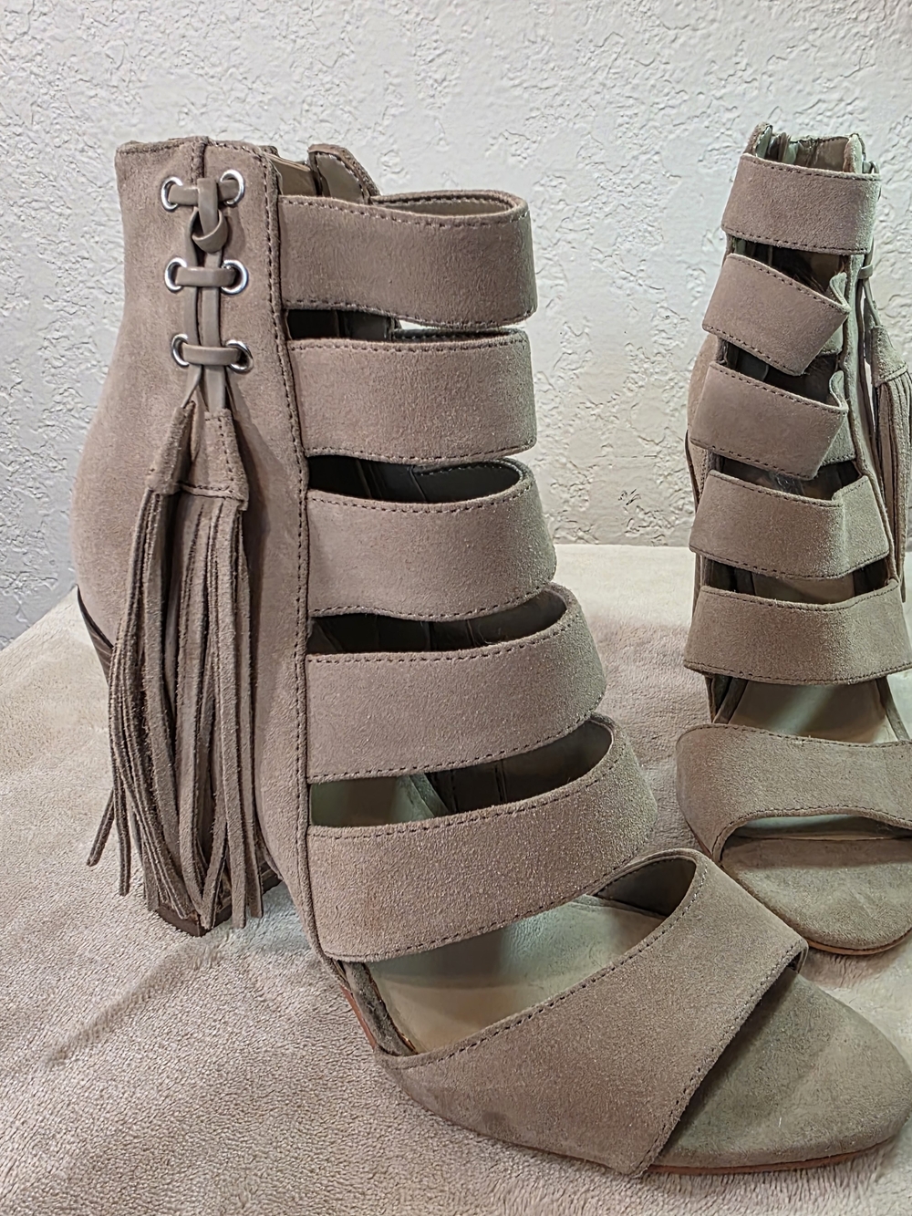 Guess Taupe Suede Fringe Block Heel Booties